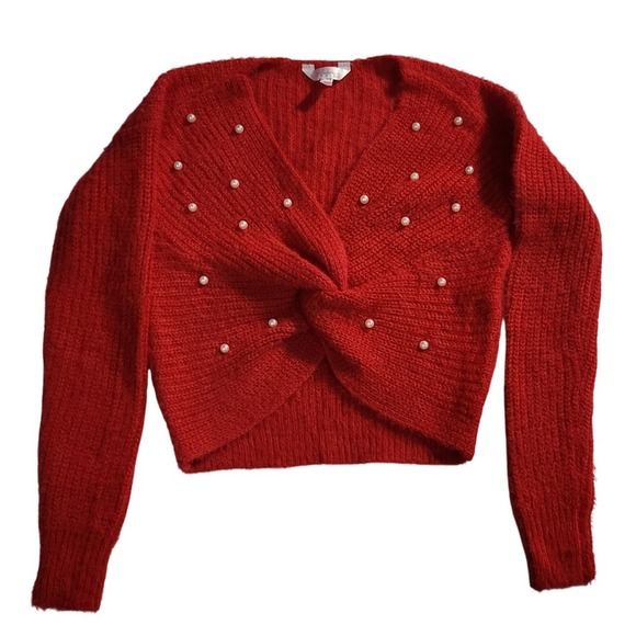 NoBoundaries Knitted Twist Sweater Pearl Embellished Red Cropped Pullover Size S - Picture 2 of 6